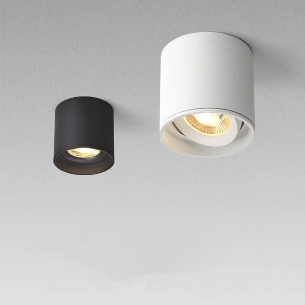 Two cylindrical recessed aluminum ceiling lamps in matte black and white with warm-toned led bulbs visible inside