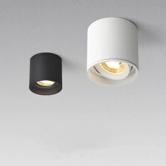 Two cylindrical recessed aluminum ceiling lamps in matte black and white with warm-toned led bulbs visible inside