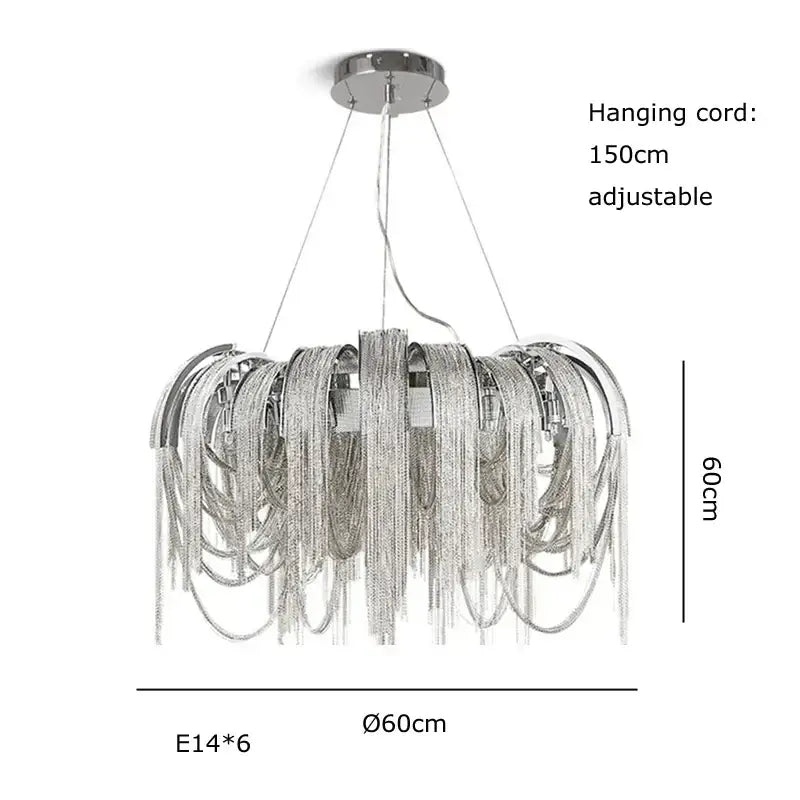 Silver metallic aluminum chain pendant light with cascading strands and circular ceiling mount for dining table lighting