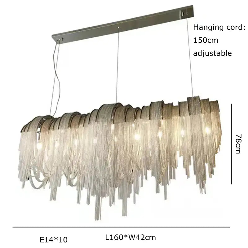 DecorBites aluminum chain pendant lights with modern rectangular chandelier and cascading clear glass fringe for dining table