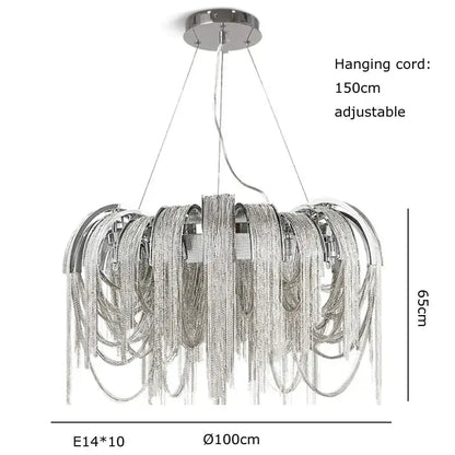 DecorBites aluminum chain pendant lights with silver metallic cascading chain strands and circular ceiling mount for dining table