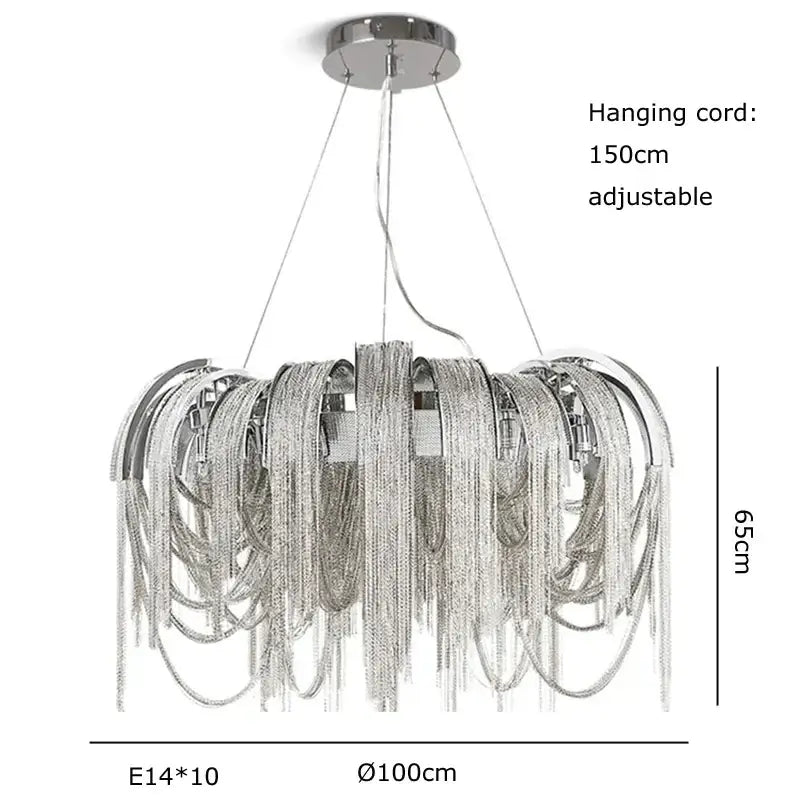 DecorBites aluminum chain pendant lights with silver metallic cascading chain strands and circular ceiling mount for dining table