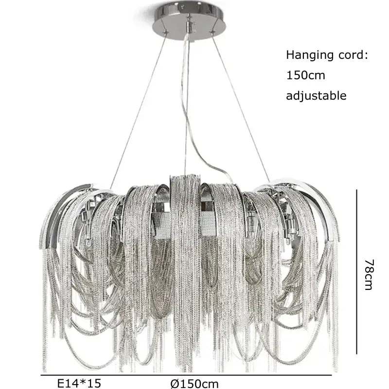 Silver metallic aluminum chain pendant light with cascading strands and circular chrome ceiling mount for dining table