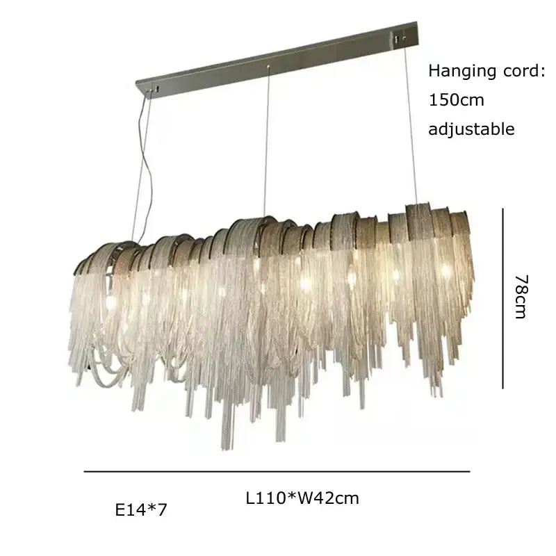 Modern rectangular aluminum chain pendant lights with cascading frosted glass fringe for dining table lighting
