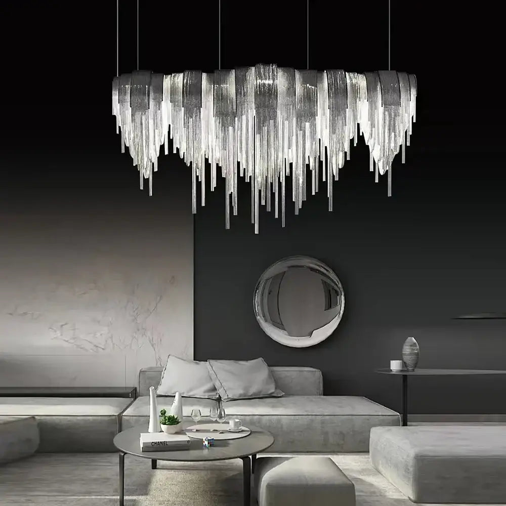 Silver metallic decorbites™ aluminum chain pendant lights with cascading textured glass prisms for dining table