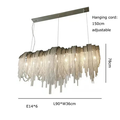DecorBites™ aluminum chain pendant lights with metallic frame and clear glass tassels for elegant dining table lighting