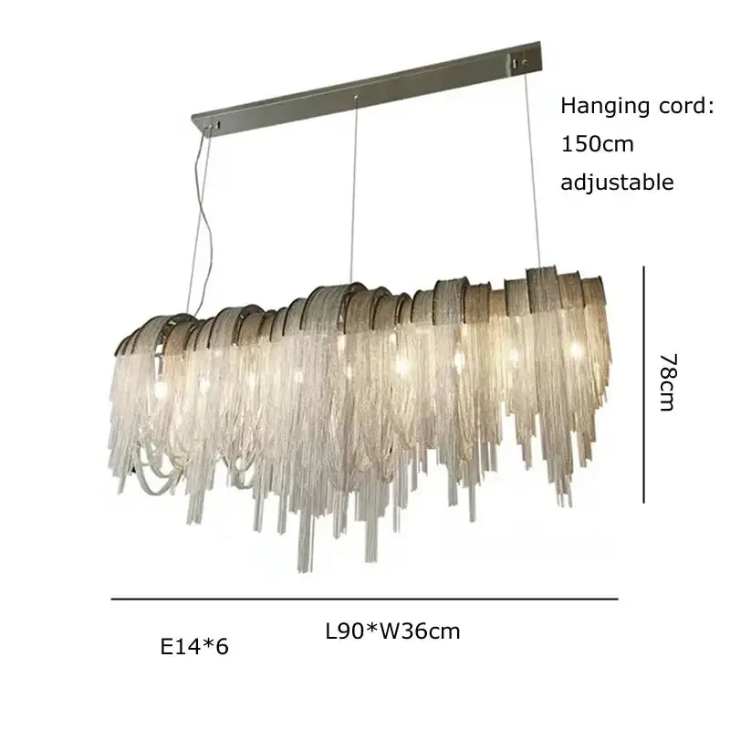 DecorBites™ aluminum chain pendant lights with metallic frame and clear glass tassels for elegant dining table lighting