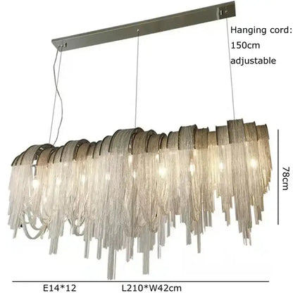 Modern rectangular pendant lights with aluminum chain pendant and clear faceted glass strands for dining table lighting