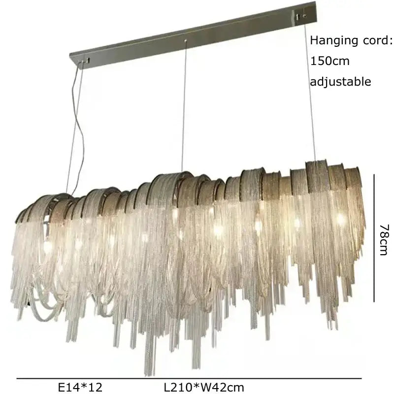 Modern rectangular pendant lights with aluminum chain pendant and clear faceted glass strands for dining table lighting
