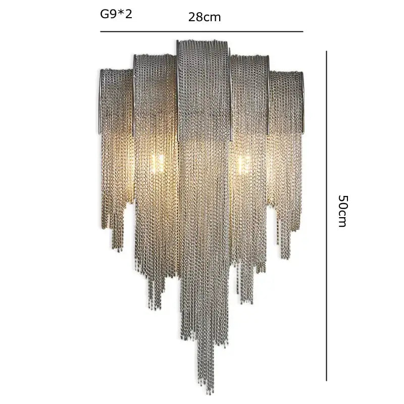 Decorbites aluminum chain pendant lights silver chain curtain wall sconce with cascading metallic strands and g9 bulbs