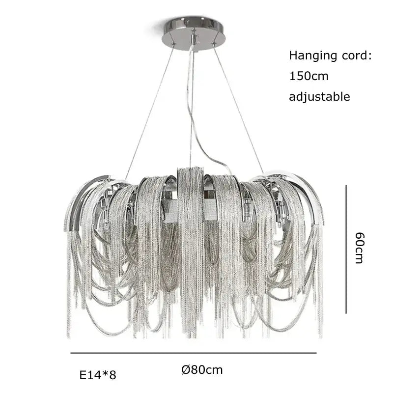 Silver decorbites aluminum chain pendant lights with cascading strands and circular chrome ceiling mount for dining table
