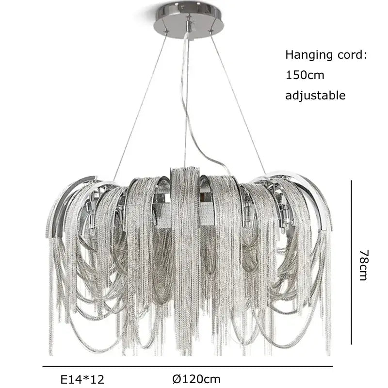 Silver metallic aluminum chain pendant light with cascading strands and circular ceiling mount for dining table lighting