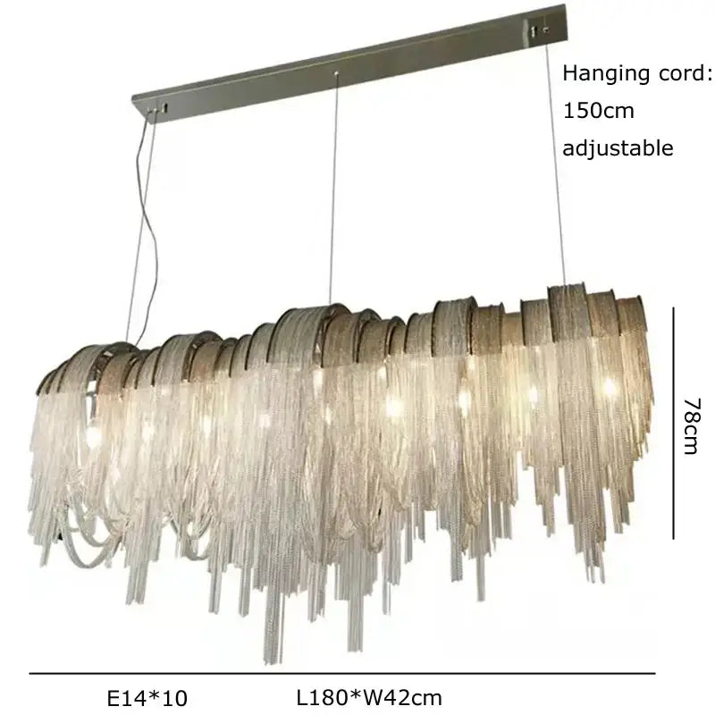 Modern rectangular decorbites™ aluminum chain pendant lights with cascading silver chains and warm glowing lights for dining table