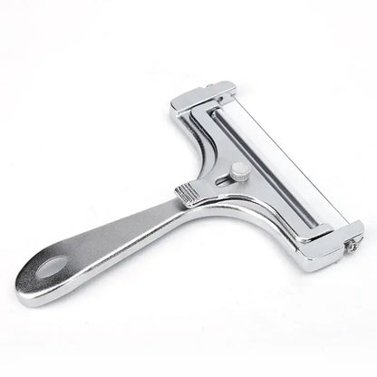 Decorbites™ aluminum cheese butter slicer with shiny chrome finish, ergonomic handle, and adjustable blade mechanism
