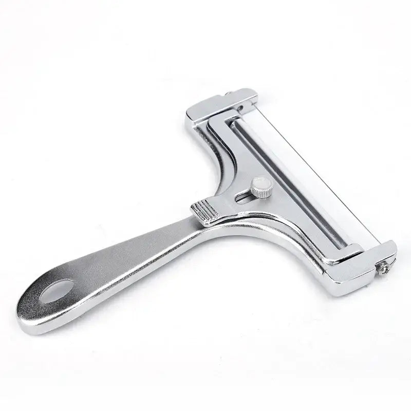 Decorbites™ aluminum cheese butter slicer with shiny chrome finish, ergonomic handle, and adjustable blade mechanism