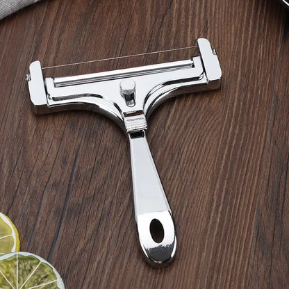 DecorBites aluminum cheese butter slicer with shiny chrome finish, ergonomic handle, and adjustable wire knife baking tension knob