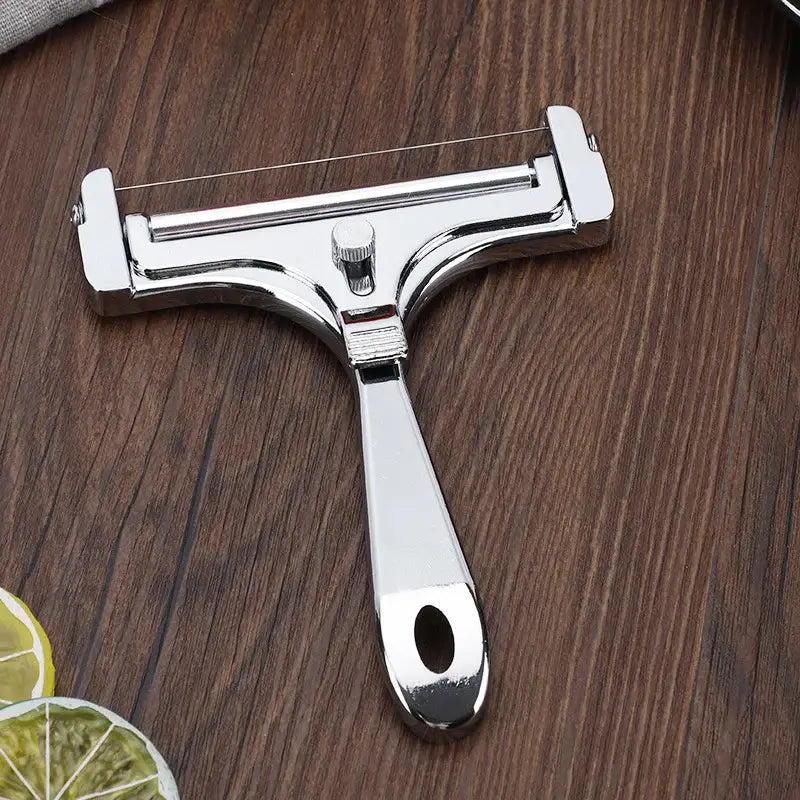 DecorBites aluminum cheese butter slicer with shiny chrome finish, ergonomic handle, and adjustable wire knife baking tension knob