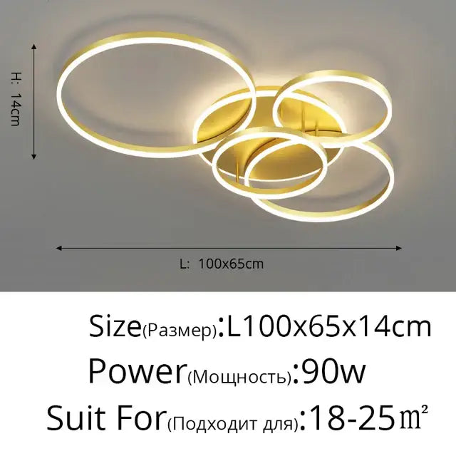 Modern gold-finished aluminum circle led ceiling light with interlocking rings for bedroom and living room decor