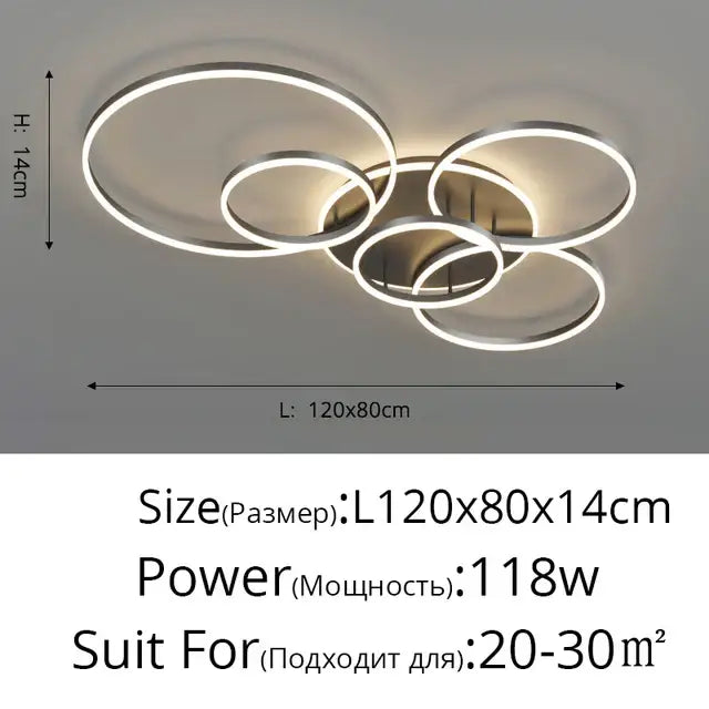 Modern silver-toned aluminum circle led chandelier ceiling light fixture with overlapping circular rings for living spaces