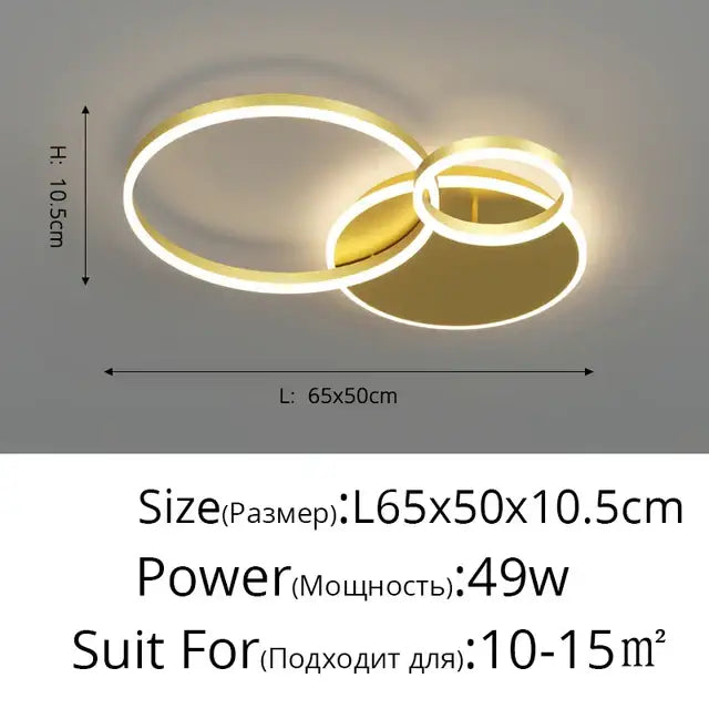 Modern gold-finished aluminum circle led ceiling light with two interlocking rings for bedroom and living room decor