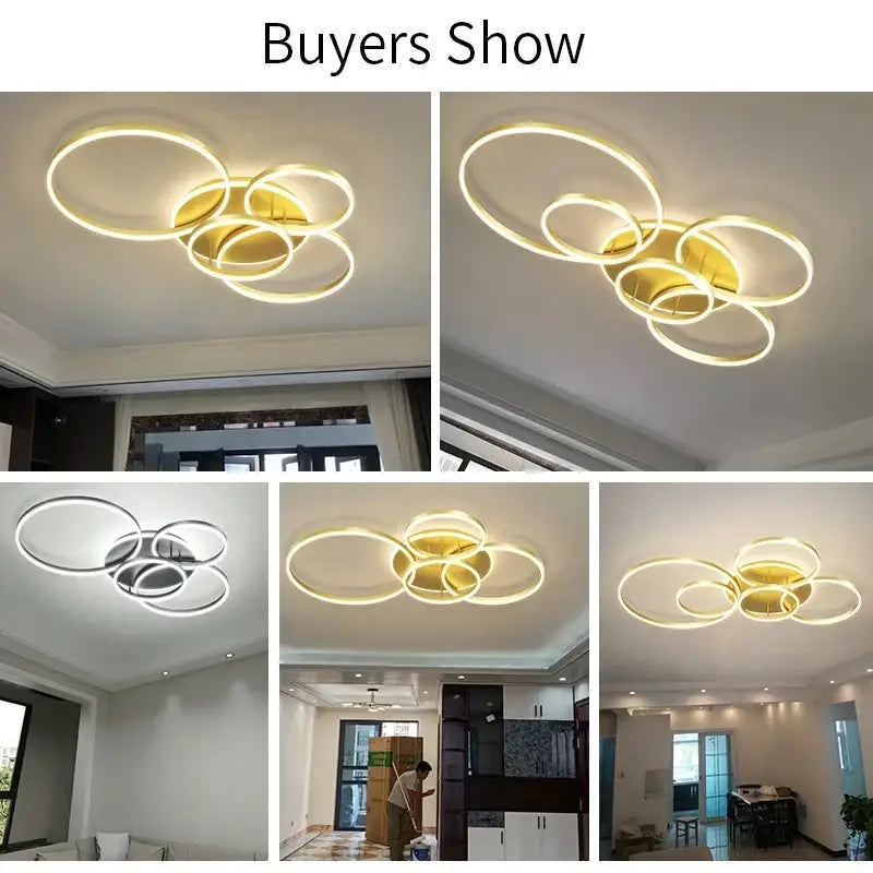 Modern circular aluminum circle led ceiling light with interlocking rings in gold finish for bedroom or living room