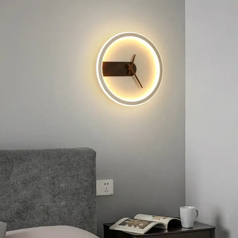 Modern aluminum clock wall lamp with glowing white led ring and dark wood hands for home hotel and aisle decorbites