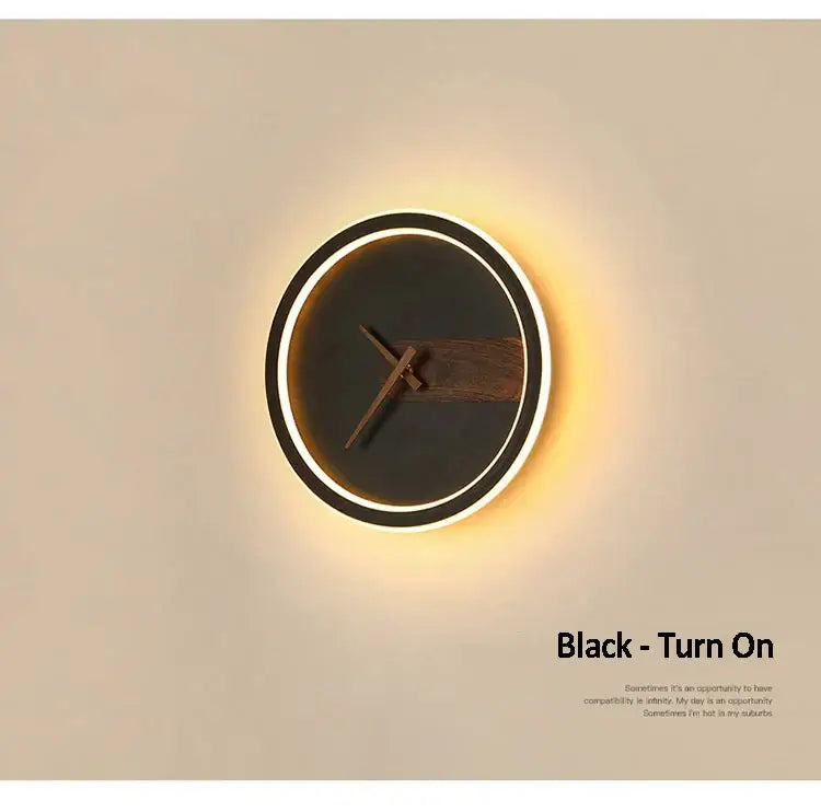 Decorbites aluminum clock wall lamp with black face wooden hands and illuminated white ring modern led wall lamp