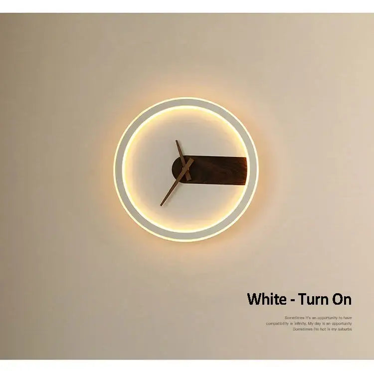 Decorbites™ aluminum clock wall lamp featuring a modern white clock with led ring and dark wood hands for home use