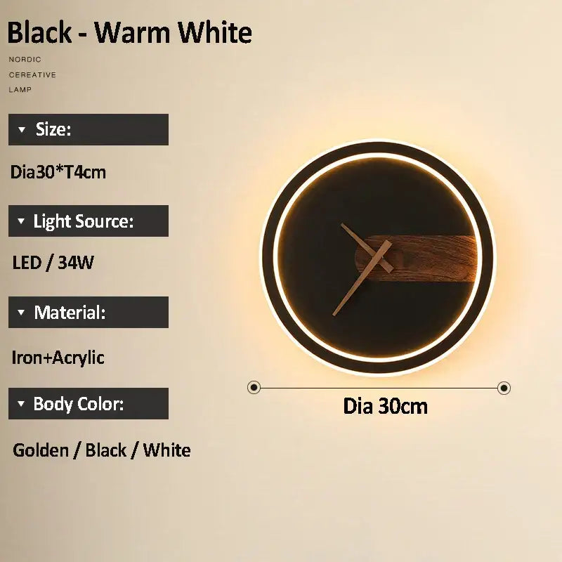 DecorBites aluminum clock wall lamp with black face, warm white led edge glow, and wooden clock hands accent