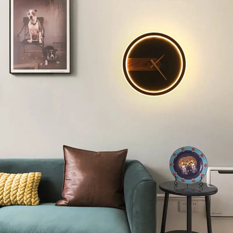 Decorbites aluminum clock wall lamp with glowing gold rim dark face and wooden hour hand modern led sconce light