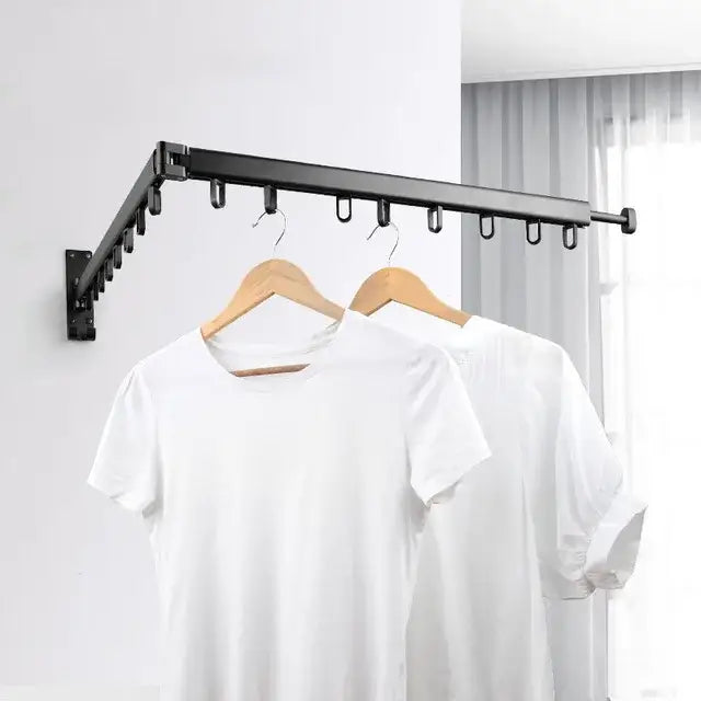 DecorBites aluminum clothing hanger organizer rack black foldable wall-mounted with multiple hooks and wooden hangers