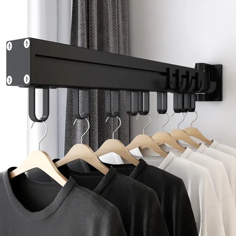 Decorbites™ aluminum clothing hanger organizer rack black metal retractable with multiple hooks and wooden hangers