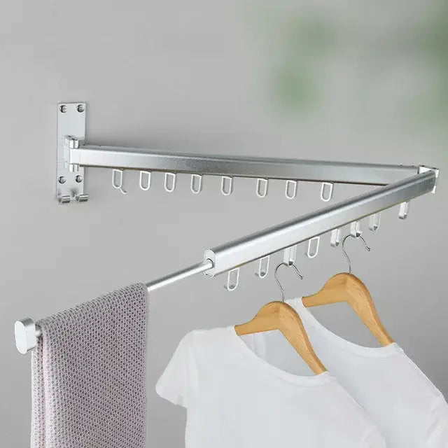 Decorbites aluminum clothing hanger organizer rack in silver metallic with folding design and multiple hooks for laundry drying