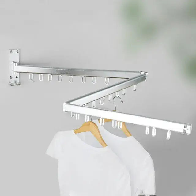 Silver aluminum clothing hanger organizer rack with multiple hooks wooden hangers foldable wall-mounted design