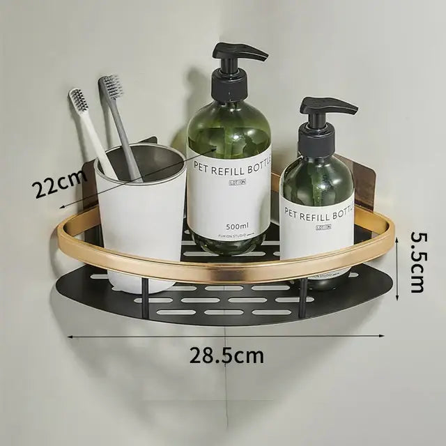 Black and gold perforated aluminum corner bathroom shelf with towel holder from decorbites™ for bathroom organization