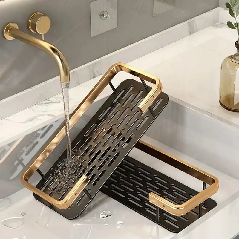Black and gold aluminum corner bathroom shelf with slatted metal sink rack design and towel holder by decorbites
