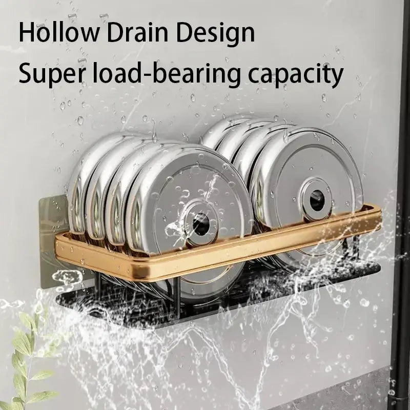 DecorBites aluminum corner bathroom shelf with gold-toned metal dish rack and hollow drain design holding plates