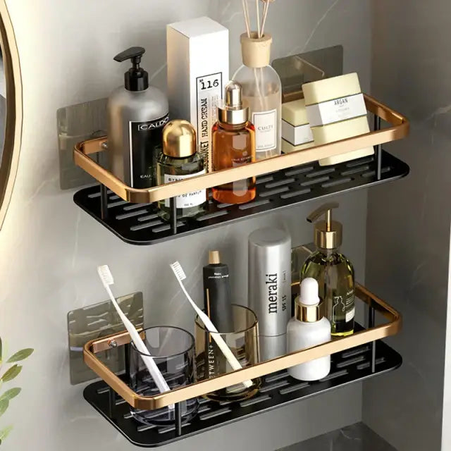Modern double-tiered aluminum corner bathroom shelf with black matte finish, gold edges, and towel holder for organized storage