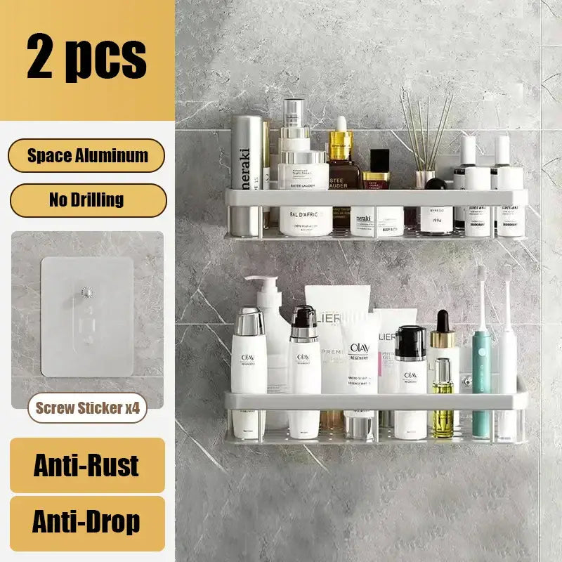Silver space aluminum corner shelf organizer with two tiers for bathroom storage without drilling by DecorBites