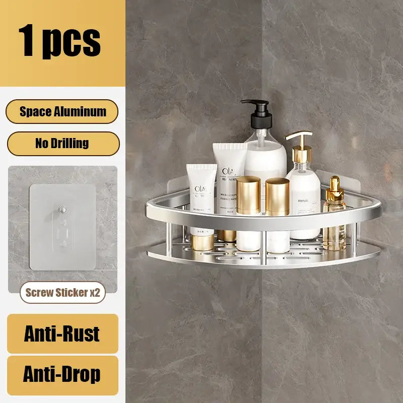 Silver aluminum corner shelf caddy with sleek design and anti-rust anti-drop features for bathroom and kitchen storage