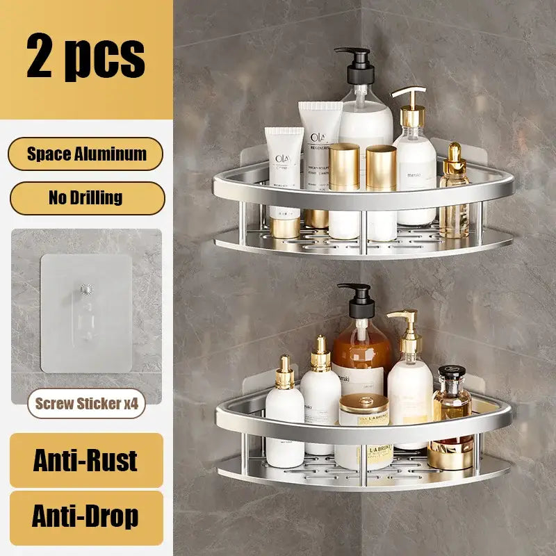 Silver aluminum corner shelf organizer with two tiers for bathroom storage by decorbites aluminum corner shelf