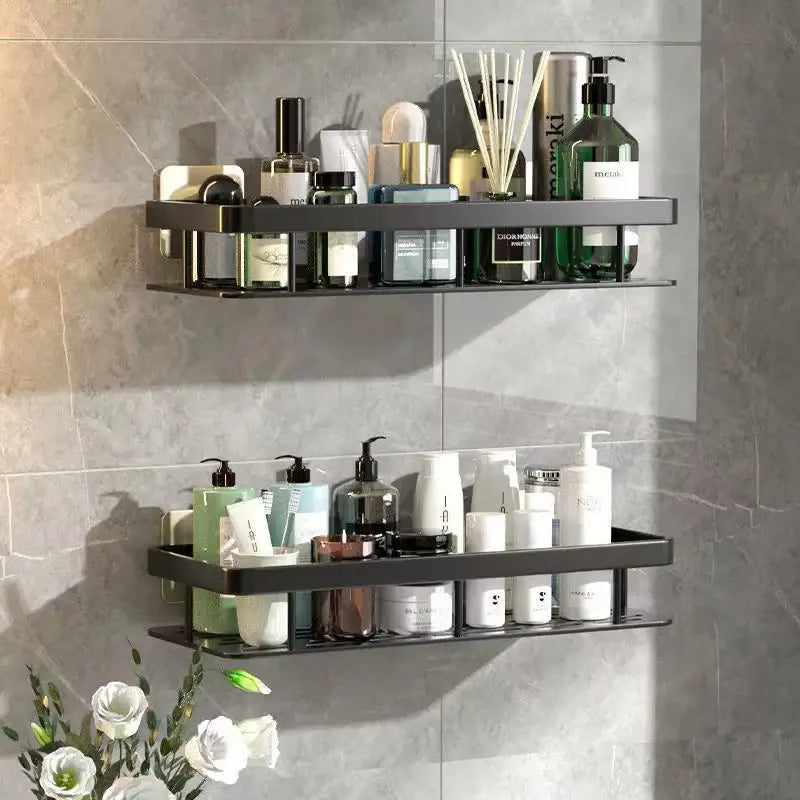Black metal wall-mounted double shelf organizer made of aluminum corner shelf for bathroom and kitchen storage use
