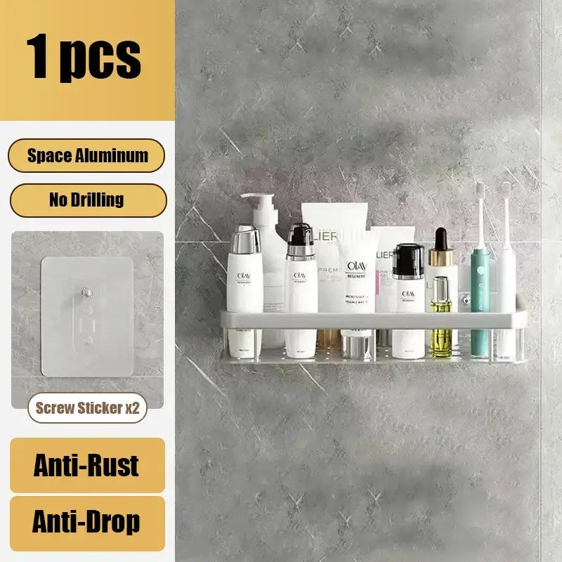 Silver aluminum corner shelf organizer with minimalist design and transparent adhesive backing for easy installation