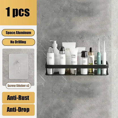 Black aluminum corner shelf organizer with adhesive stickers for no-drilling wall-mounted bathroom and kitchen storage