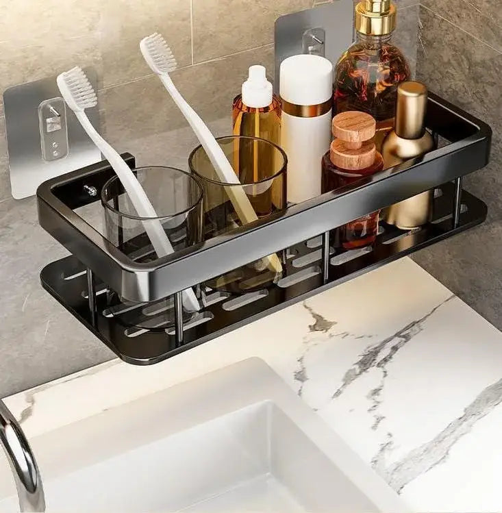 Black metal aluminum corner shelf organizer with multiple compartments for bathroom and kitchen storage by decorbites