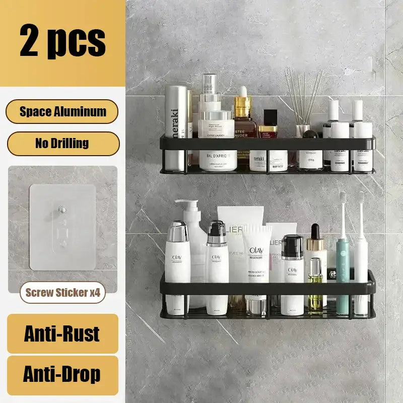 Black space aluminum corner shelf organizer with grid design anti-rust no-drill mounting for bathroom and kitchen storage