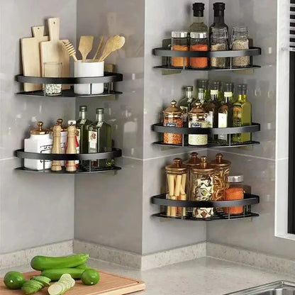 Black metal aluminum corner shelf organizer with three tiers holding bottles and jars for kitchen storage