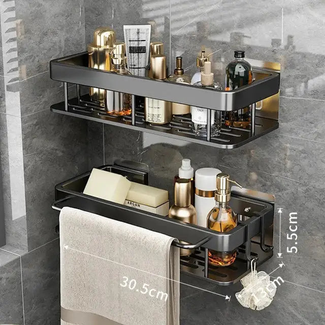 Black double-tiered aluminum corner shelf with towel rack wall mount for bathroom storage by DecorBites