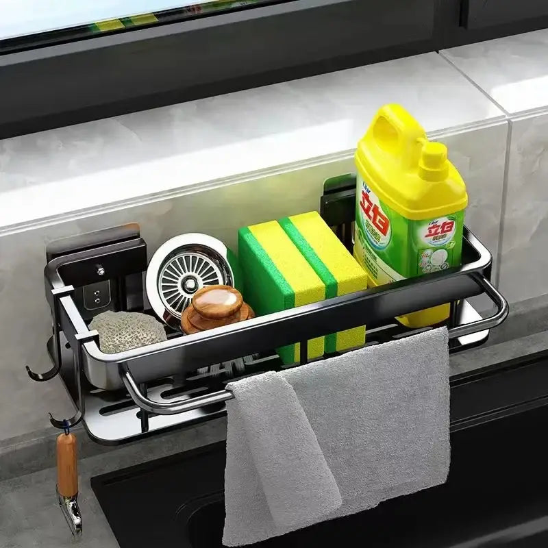 Black stainless steel kitchen sink organizer with towel rack and hooks for decorbites aluminum corner shelf use