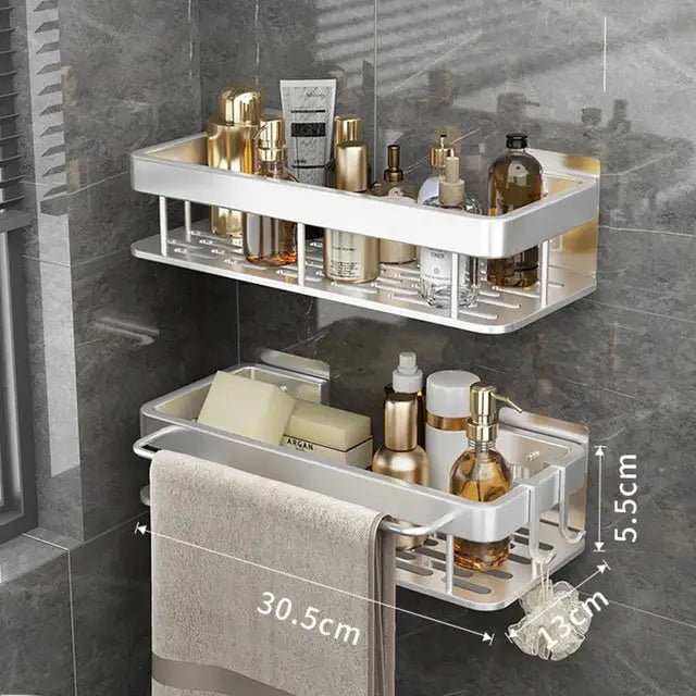 Decorbites™ aluminum corner shelf silver double-tier bathroom shelf with towel rack holding toiletries and soap